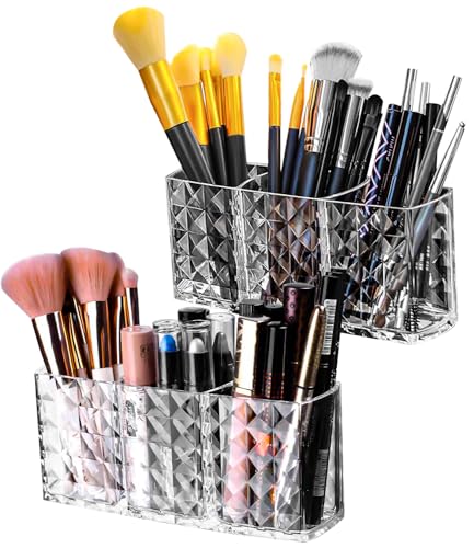 FAOKZE Make Up Organizer,Makeup Pinsel Organizer Becher,2 Stück Make Up Pinsel Aufbewahrung,Acryl Makeup Aufbewahrungsbox,3 Fächern Transparent,für Eyeliners Lippenstift Wimperntusche