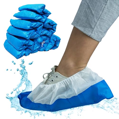 50x ARNOMED Schuhüberzieher Einweg Blau/Weiß, Überziehschuhe mit wasserdichter Sohle, Mehrweg CPE+PP Überzieher extra stark, Schuhschutz Überzug rutschfest 17x40cm, reißfeste Überschuhe für Baustelle