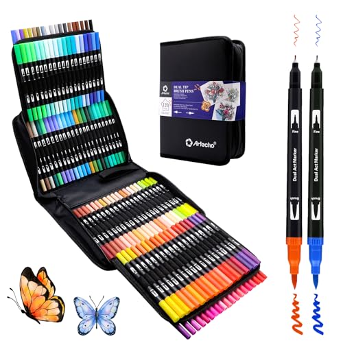 Artecho Dual Brush Pen Set 120 Farben mit Schwarzer Tragetasche, Filzstifte Dicke und Dünne, Pinselstifte set, Stifte für Bullet journal, Kalligraphie, Manga, Malbücher und Handlettering