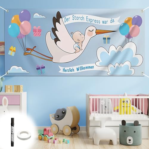 Storch Geburt Banner Set 160 x 70 cm Baby Storch Banner Welcome Home Baby Geburt Geschenk Zeichen hänge storch banner im Balkongarten Indoor Outdoor Gebrauch, Schafft eine Gemütliche Umgebung