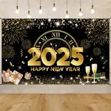 Silvester Banner Deko 2025, Extra Große Stoff Happy New Year Backdrop für Dekorationen, Schwarz Gold Feuerwerk Photo Booth Hintergrund Poster für Neujahr Party Supplies 72 x 44 Zoll