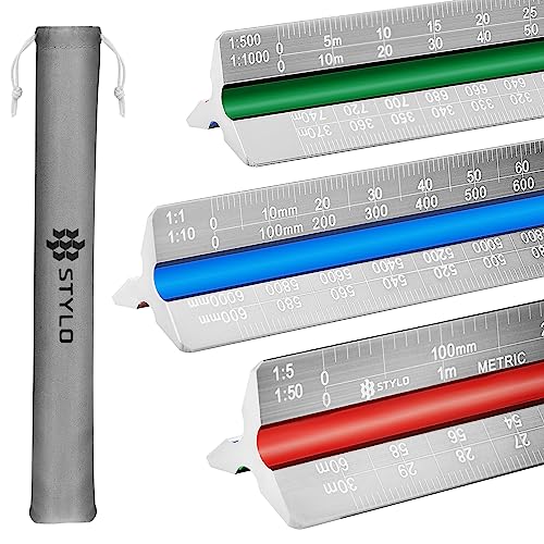 Stylo 30 cm Aluminium Architektonisches Lineal, dreieckig, metrische Skalen 1:20, 1:25, 1:50, 1:75, 1:100, 1:125, Standard für Architekten, Studenten, Zeichner und Ingenieure (Metrische Einheiten)