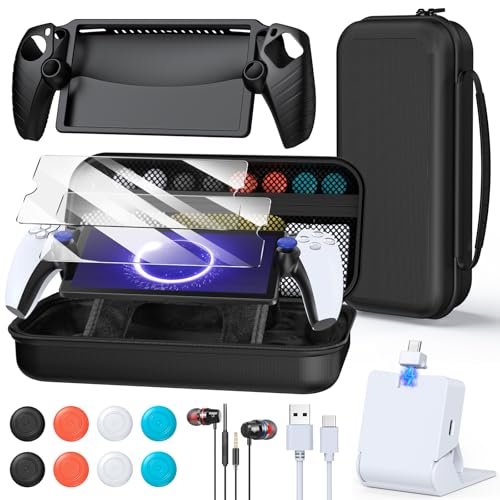 FYOUNG 14 in 1 Zubehör-Kit für Playstation Portal, Taschen Bundle und magnetische Ladestation für PS5 Portal mit Schutzhülle, 2 Schutzfolien, Kabelgebundene Kopfhörer, 8 Thumb-Stick Grip(Schwarz)