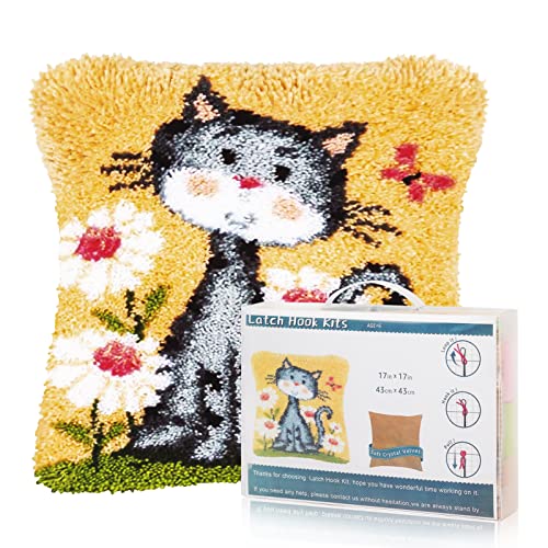 Msoesticc.dl DIY Latch Hook Kissen Kit mit Tier Muster, Katze Knüpfkissen Zum Selber Knüpfen für Anfänger Kinder Erwachsene - 43 x 43 cm (Gelb)