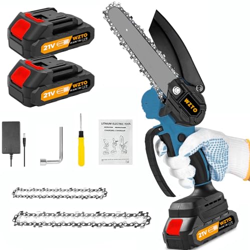 Akku kettensäge Mini 4-6 zoll 8000mAh, 24V Leicht Profi Mini Akku handKettensäge, mit 2 Akkus 7500mAh Astsäge Akku, Sicherheitsverriegelung, für Astschere Gartenscheren Holzschneidenz