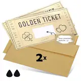 DasWas 2x Goldenes Ticket - Geschenk Gutschein zum Selber Auffüllen mit Rubbelaufkleber - Rubbellose & Gutscheinkarten Selber Machen - Personalisiertes Geschenk im funkelndem Umschlag + Rubbelwerkzeug