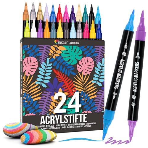 Zenacolor 24 Acrylstifte für Steine wasserfest mit Doppelspitze (feine Spitze und Pinsel) - Acrylstifte verschiedene Oberflächen - Multimarker Acryl