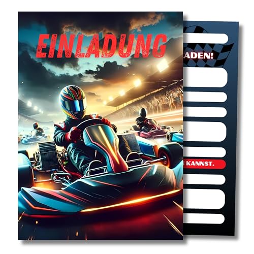 HIDEBLOOM I Go-Kart Einladungskarten Geburtstag Jungen I 12 Stück I DIN A6 (10,5 cm x 14,8 cm) I Einladung Kindergeburtstag I Kinderparty I Einladungskarten Gokart I Teens I Postkarten Kinder