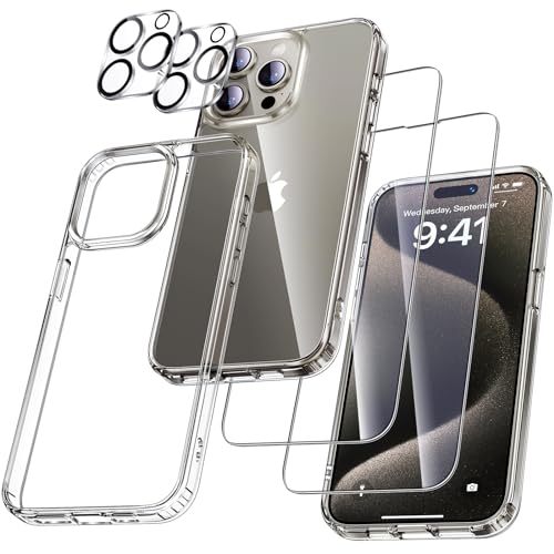 UniqueMe für iPhone 15 Pro Hülle, 5-in-1-Set Handyhülle für iPhone 15 Pro Case Rundumschutz Schutzhülle Cover, 1 Handyhülle & 2 Schutzfolie & 2 Kameraschutz - Transparent