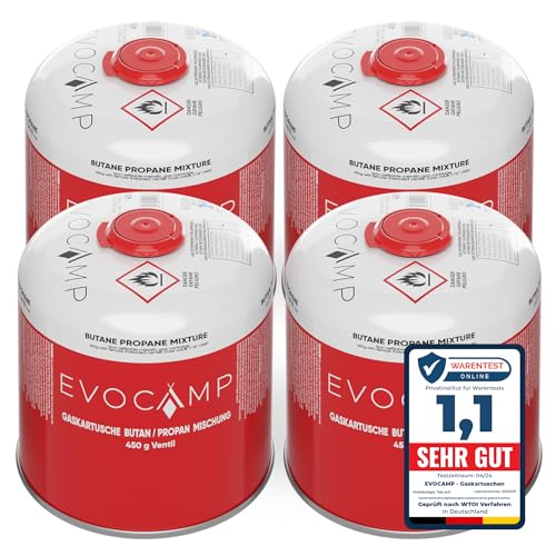 EVOCAMP 4X Propan Butan Gaskartuschen 450g einsetzbar für Weber Grills Q100/1000-Serien, Schraubkartusche Eurogewinde 7/16", Ventilkartusche 800ml mit Sicherheits-Verschlussautomatik