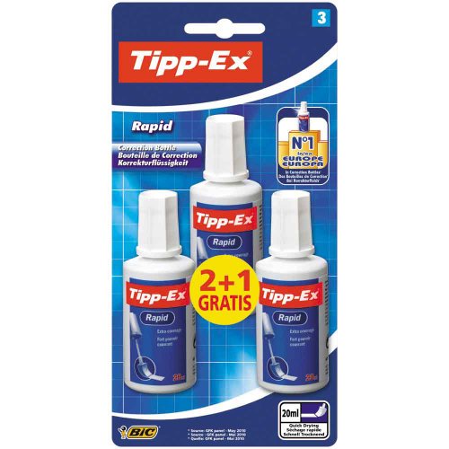 Tipp-Ex Rapid, Korrekturflüssigkeit, hochwertige Korrekturflüssigkeit, hervorragende Deckkraft, 20 ml, 3 Stück, weiß