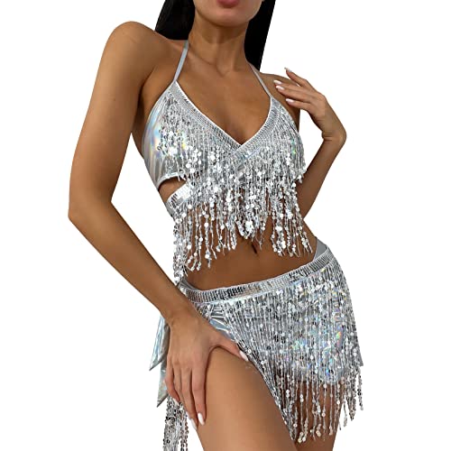 Rave Outfits für Damen Bikini Set Quasten Rock Metallic Badeanzug Holografische Pailletten BH Oberteil für Festival Disco Tanz Clubwear 90er Jahre Halloween Motto Party Kostüm Silber Kreuz BH Set M