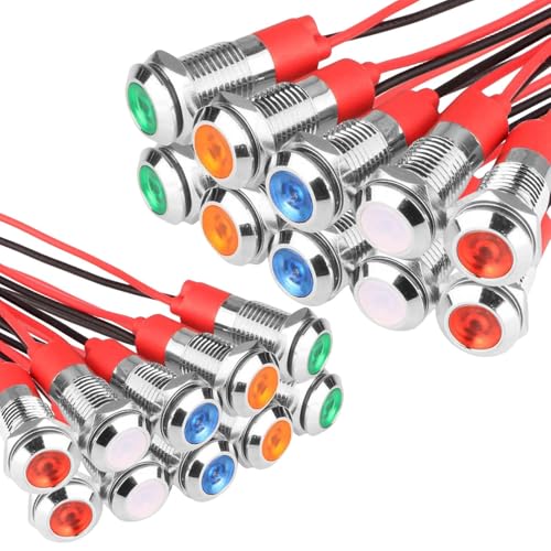 20 Stück Kontrollleuchte: 6mm LED Kontrollleuchte 12V Metall Kontrollleuchte mit Draht wasserdichte Signallampe (Rot Grün Gelb Blau und Weiß je 4 Stück)