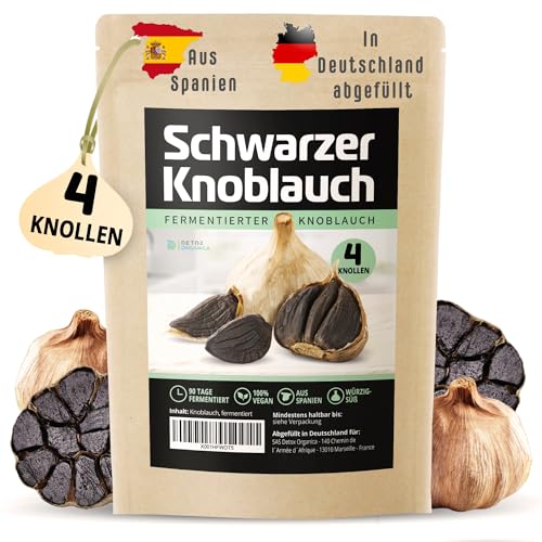 Schwarzer Knoblauch, 4 Knollen fermentierter Knoblauch aus Spanien, 90 Tage fermentiert, große ganze Knollen, Frischer Black Garlic würzig-süß und vielseitig