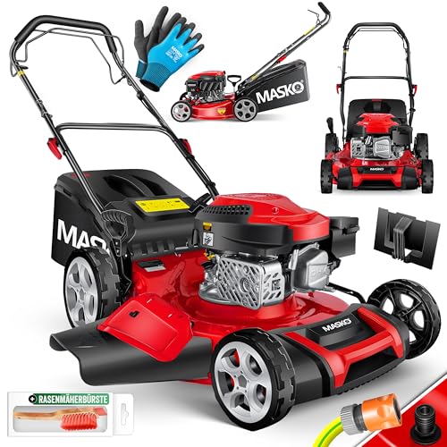 MASKO® Benzin Rasenmäher 5in1 | 51 cm Schnittbreite | 8- fache Schnitthöhenverstellung | 4 Takt OHV Motor 6,0 PS | 65 Liter Fangkorb| Inkl. Mulch- Kit, Seitenauswurf, Handschuhe & Rasenmäherbürste