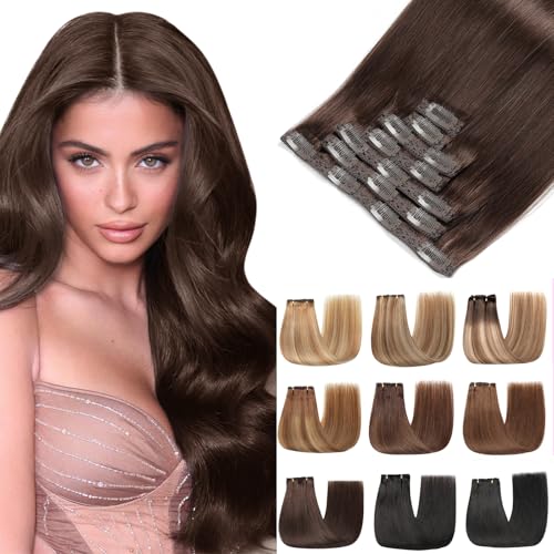 EINbeauty Clip In Extensions Echthaar 7Stücke Extensions Echthaar Gerade Unsichtbar Echthaar Extensions Dunkel Braun Extensions Clip In Haarverlängerung 80g 35cm(14Zoll,2#)