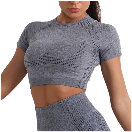 Damen Yoga Top Fitnessshirt Atmungsaktiv Elastisch Sportlich Bequem Einfarbig Kompression Training Laufen Workout (Navy, L)