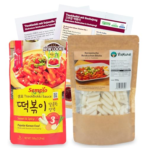 Koreanische Reiskuchen & Milde Tteokbokki Soße Set - Inkl. Broschüre mit Kochrezepten und Videoanleitungen für Reisnudel-Gerichte aus Korea - 400g Reis-Sticks & 150g Süße Sauce