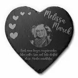 Grabplatte Grabstein Herz aus Schiefer mit Bild Gravur für Menschen ab 20x20 cm | Großer Gedenkstein mit Foto & vielen Motiven - Gravierte Gedenktafel als Grabschmuck Grabdeko personalisiert