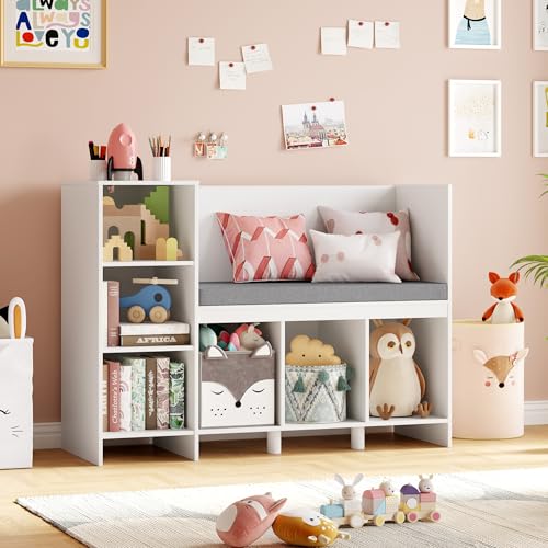 HOCSOK Kinderregal, 110 cm Spielzeugregal Kinderzimmer mit Kissen und 6 Ablagefächern, Kindersitzbank, Spielzeugaufbewahrung für Kinder, Weiß, 80,5×40×110cm