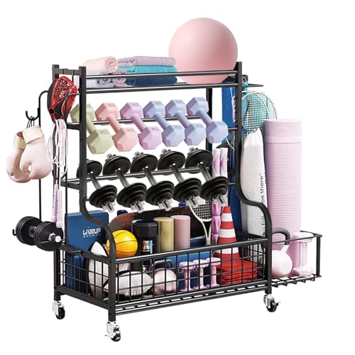 hiee Hantelständer, Hantelablage Gewichtsregal für Kettlebells, Heavy-Duty Home Gym Aufbewahrungsregal für Yogamatte und Trainingsgeräte, Aufbewahrungshalter mit Rädern, Haken und Mesh Top