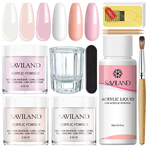 SAVILAND Acryl Nagelset Starterset: 3 Farben Acryl Pulver Klar Rosa Nudes 30ml Acryl Liquid Set - mit Acryl Pinsel Nail Tools - Acryl Nägel Starterset für Anfänger Nägel Selber Machen DIY Acrylnägel
