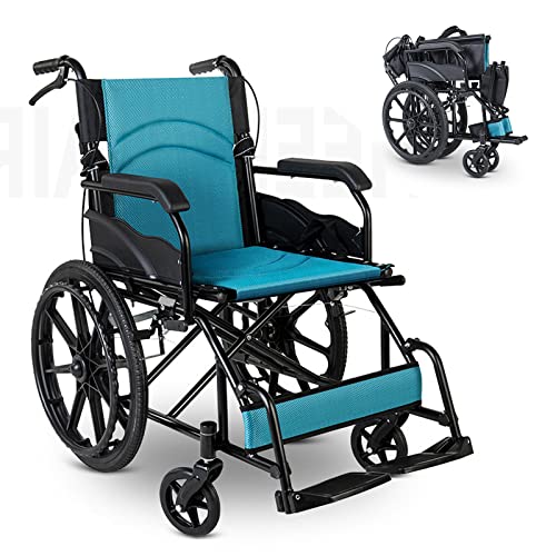 Faltbar Leicht Rollstuhl mit Trommelbremse, Leichtgewicht Reiserollstuhl, Schmaler Rollstuhl für Wohnung, Rollstühle mit Selbstantrieb, Transportrollstühle, Blau