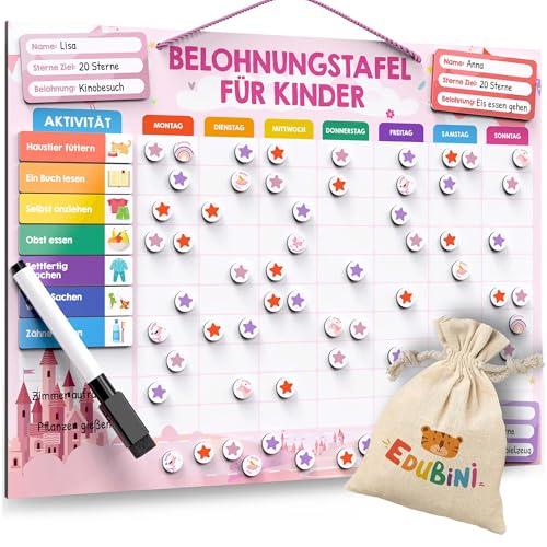 Belohnungstafel für Kinder - [100 AUFGABEN + 350 MAGNETE] - Belohnungssystem für Verantwortung - Montessori Magnettafel, Wochenplaner Kinder, ADHS Hilfsmittel - inkl. Tasche, Stift (Prinzessin)