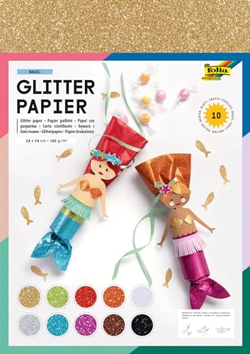 folia 880409 - Glitterpapier, 10 farbig sortiert, ca. 24 x 34 cm, Braun