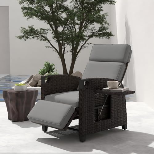 UDPATIO Liegesessel mit Sitzkissen Gartensessel Wetterfest 150° Verstellbare, Rückenlehne Rattan Sonnenliege mit Beistelltisch für Innen, Außeneinsatz- Grau Sitzkissen & Dunkelbraun Rattan