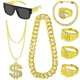 8 Stück Zuhälter Kostüm, 80er 90er Jahre Outfit Herren Hip Hop Kostüm, Rapper Zubehör Hip Hop Dollar Halskette Goldring Sonnenbrille Goldkette für Fasching Karneval Party Zubehör