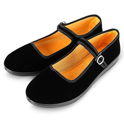 APIKA Frauen Velvet Mary Jane Schuhe Schwarz Baumwolle Old Peking Stoff Flache Schuhe Yoga Training Tanz Schuhe,Schwarz,34 EU