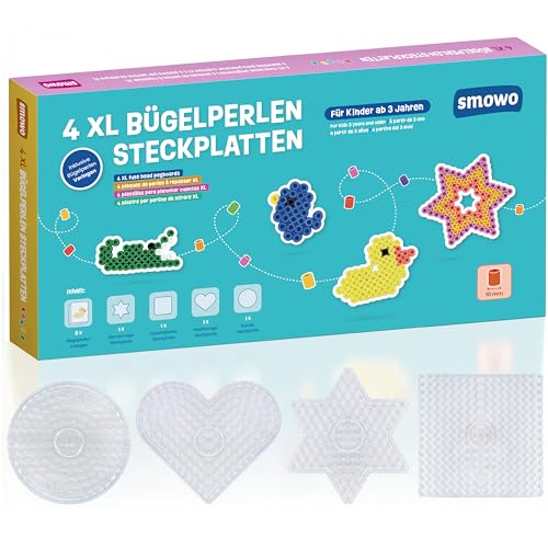 Smowo® 10mm Bügelperlen Platten in vielen Formen - Set mit 4 Steckplatten und Vorlagen - Rund, Stern, Viereck, Herz - Große Stiftplatten für Kinder ab 3 Jahre