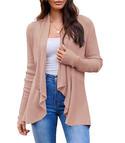 Damen Einfarbige Vintage Strickjacke Solid Business Mantel Wasserfall Ausschnitt Weiche Jacke Frauen Basic Büro-Mantel Dunkelrosa M