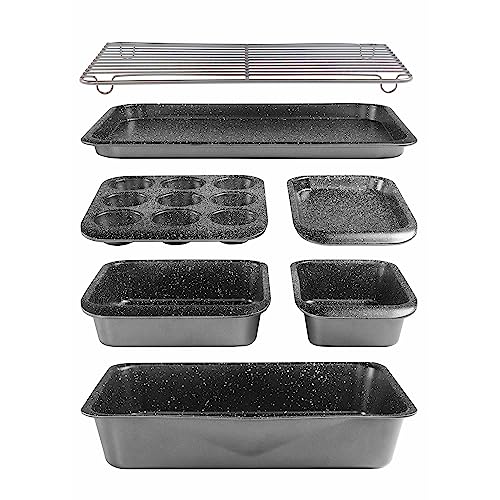 STONELINE Backform Set 7-teilig, beschichtet mit echten Steinpartikeln, Backformen aus Karbonstahl und Eisen, Kastenform, Muffinform, Backblech und Backgitter 21004 Grau