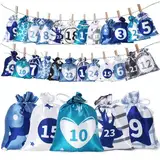 Weihnachts-Adventskalender-Tüten, 24 Tage Countdown Jutebeutel zum Aufhängen, Adventskalender, Geschenkgeschenke für Weihnachtsdekorationen (Hellblau)