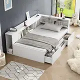 Kinderbett 90x200, Multifunktionales Holzbett mit Schubladen, Bücherregal und Stauschrank, Stauraumbett mit Lattenrost & Bettkasten, Funktionsbett Jugendbett Bettgestell aus Holz, ohne Matratze, Weiß