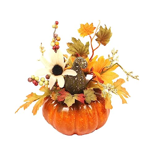 ENLACE Kürbis Deko, Künstliche Kürbis-Dekorationen, mit Sonne Blume und Grün Gebogene Melone, Kürbis Tischdekoration für Halloween Thanksgiving Erntedankfest Herbst Dekoration