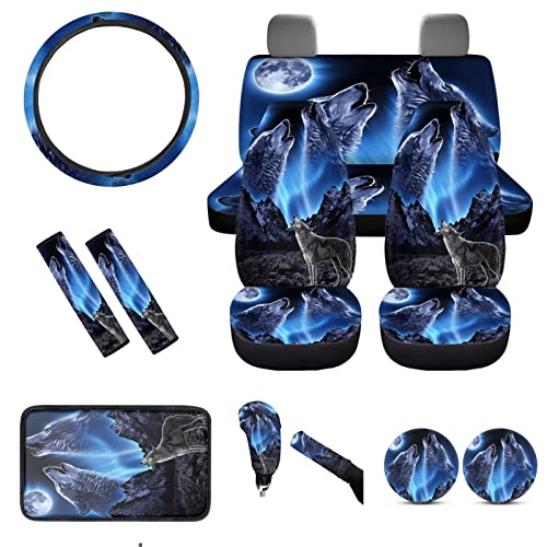 chaqlin Galaxy Wolf Autositzbezüge, komplettes Set, universell, 12-teilig, blauer Wolf-Druck, Autositzbezüge, Lenkradbezug, Armlehnenbezug, Sicherheitsgurtpolster, Getränkehalter, universelle Passform