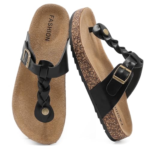 zaxunai Lässig Flach Zehentrenner Damen, Kork Fußbett Sommer Schlappen Unisex, Herren Flip flop Sandalen mit Einstellbarer Schnalle, Pantoletten Rutschfest Badelatschen, Bequem Hausschuhe