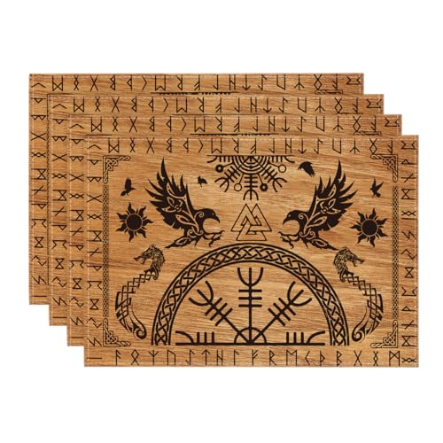 Artoid Mode Braun Wikinger Baum des Lebens Rabe Helm der Ehrfurcht Platzsets 4er Set, 30x45cm Urlaub Tischsets Platzdeckchen Küche Party Deko