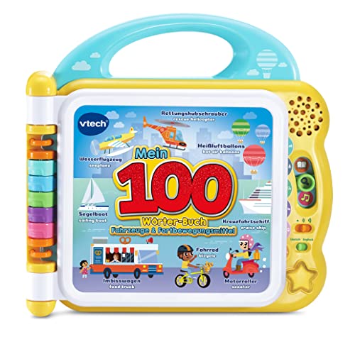 VTech Baby Mein 100-Wörter-Buch: Fahrzeuge und Fortbewegungsmittel – Interaktives Bilderbuch mit über 100 Wörtern auf 12 bilinguale Seiten (Deutsch-Englisch) – Für Kinder von 2-5 Jahren