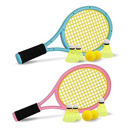 Kinder Tennisschläger mit Tragetasche,4 weiche Trainingsbälle und 6 Badminton Birdies,Plastik Tennisschläger Geschenkset für Kinder Outdoor Indoor Sport (Rosa und Blau)