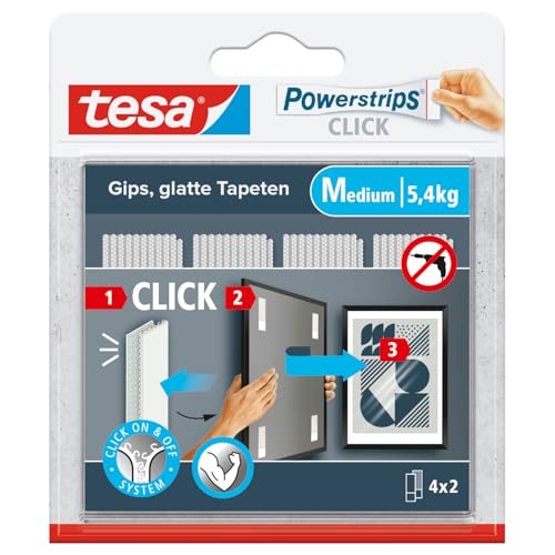 tesa Powerstrips CLICK - Klett-Klebepads zum An- und Abklicken von Bilderrahmen und Wanddekorationen ohne Bohren - selbstklebende Klettband-Strips mit ON und OFF Click-System - Medium - 4 x 2 Stück