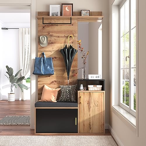 Ymkua Garderobenset Wandgarderobe, Flurgarderobe Set mit Schuhbank, Spiegel und Kissen, Garderoben Set mit 4 Kleiderhaken und Türen, Kompaktgarderobe, Wandgarderobe, 104L x 38,5B x 190H cm