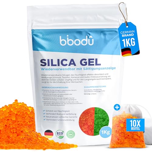 BIBODU Silica Gel Orange 1KG + 10 Beutel | Silica Kugeln Wiederverwendbar mit Sättigungsindikator | Ideal für Schränke, Schubladen und Elektronik