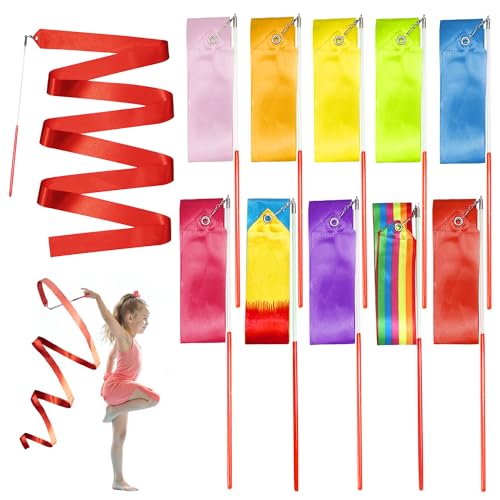 Novelty Place 10 Stück Tanzbänder Streamer - 2m Gymnastik-Tanzbänder - Perfekte Rhythmus-Bänder für Unisex-Kinder-Talentwettbewerbe, künstlerisches Tanzen, Baton Twirling (10 Farben)