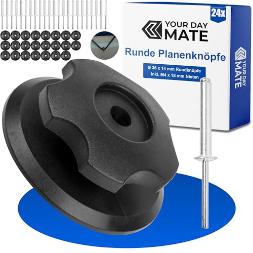 Runde Planenknöpfe Set zum Vernieten, 24 Pack, inkl. M4 x 18 mm Nieten, Rundknöpfe mit Ø 36 x 14 mm für Spanngummis von Anhänger Netzen und Planen, Befestigungshaken Kit für Hänger Ladungssicherung