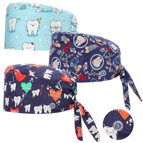 3 Stück OP Haube Verstellbar mit Knopf Arbeitskappe Baumwolldruck Kranken Schwesternkappe Unisex Staubhauben Kappe(Cartoon Zähne Stil)