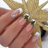 24 Stück Weihnachten Nägel Zum Aufkleben Kurz - Weiß French Schnee Falsche Nägel Press On Nails - künstliche Nägel False Nails Winter Christmas Geschenk (White French with Snow)